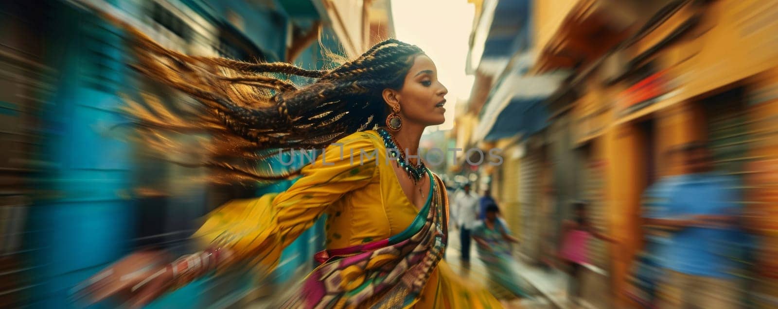 Dynamic street scene with a indian woman in traditional dress.