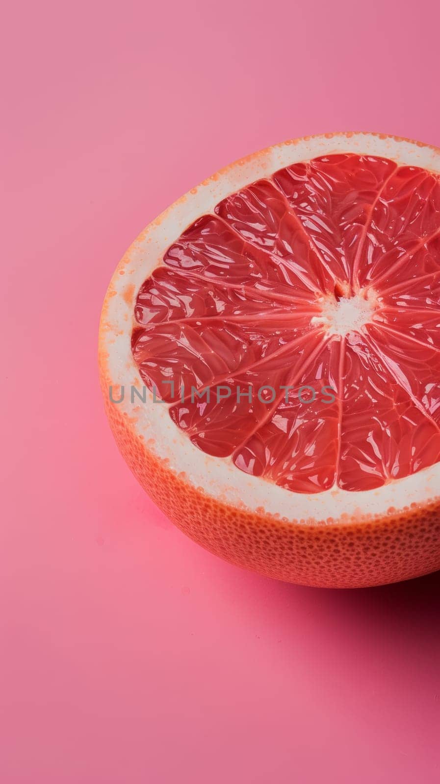 A grapefruit cut in half, revealing its juicy flesh and seeds, placed on a vibrant pink background. The citrus fruit is fresh and vibrant, with a bold contrast against the soft pink surface.