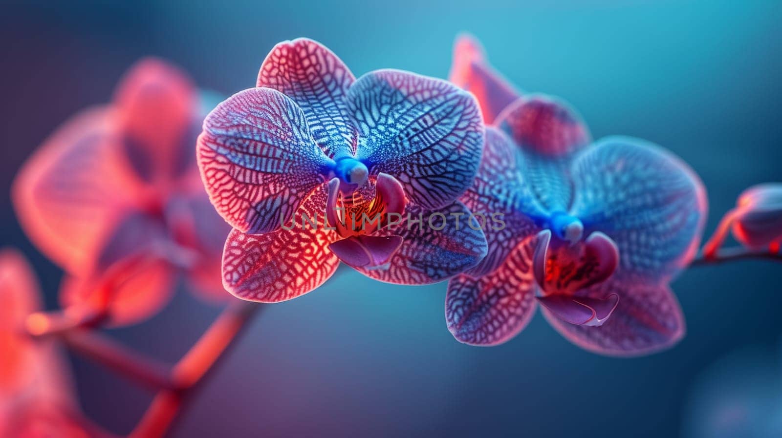 Close-up of vibrant blue and red orchid flowers