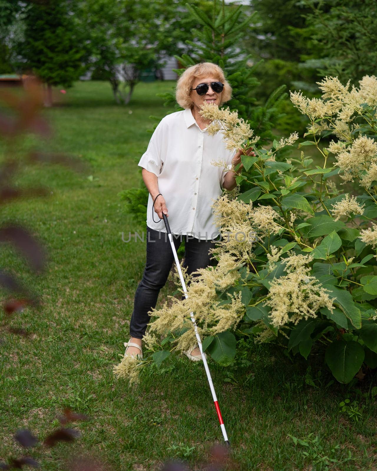 An elderly blind woman smells a flowering shrub while walking in the park