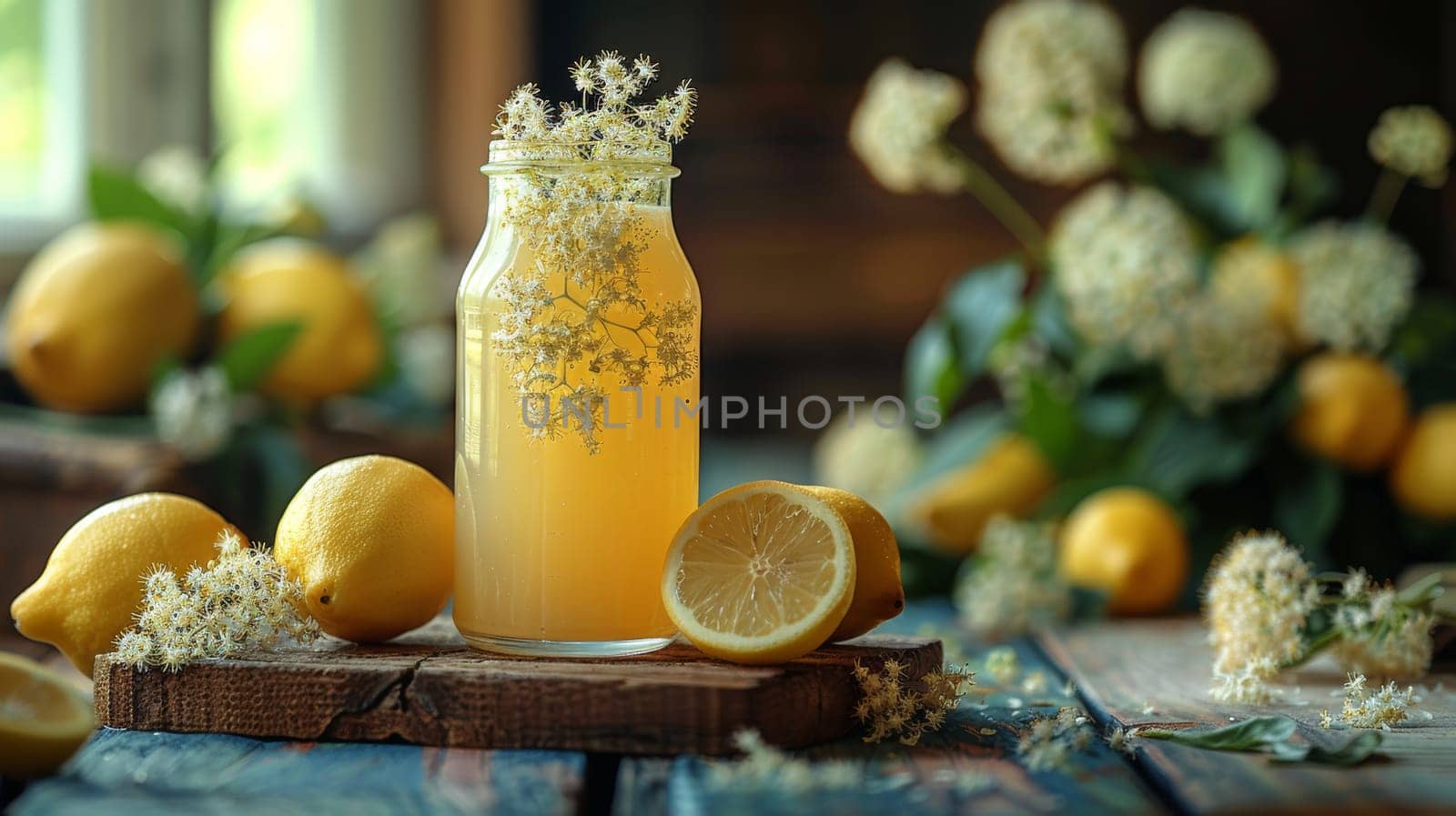 Fresh elder flower juice with lemon in a glass jug on a table.