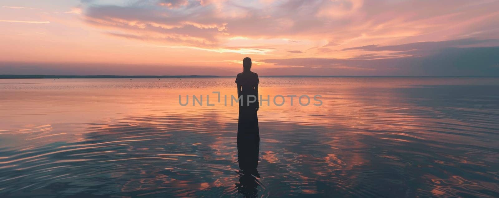 Silhouette of a woman standing in the sea at sunset by Anastasiia
