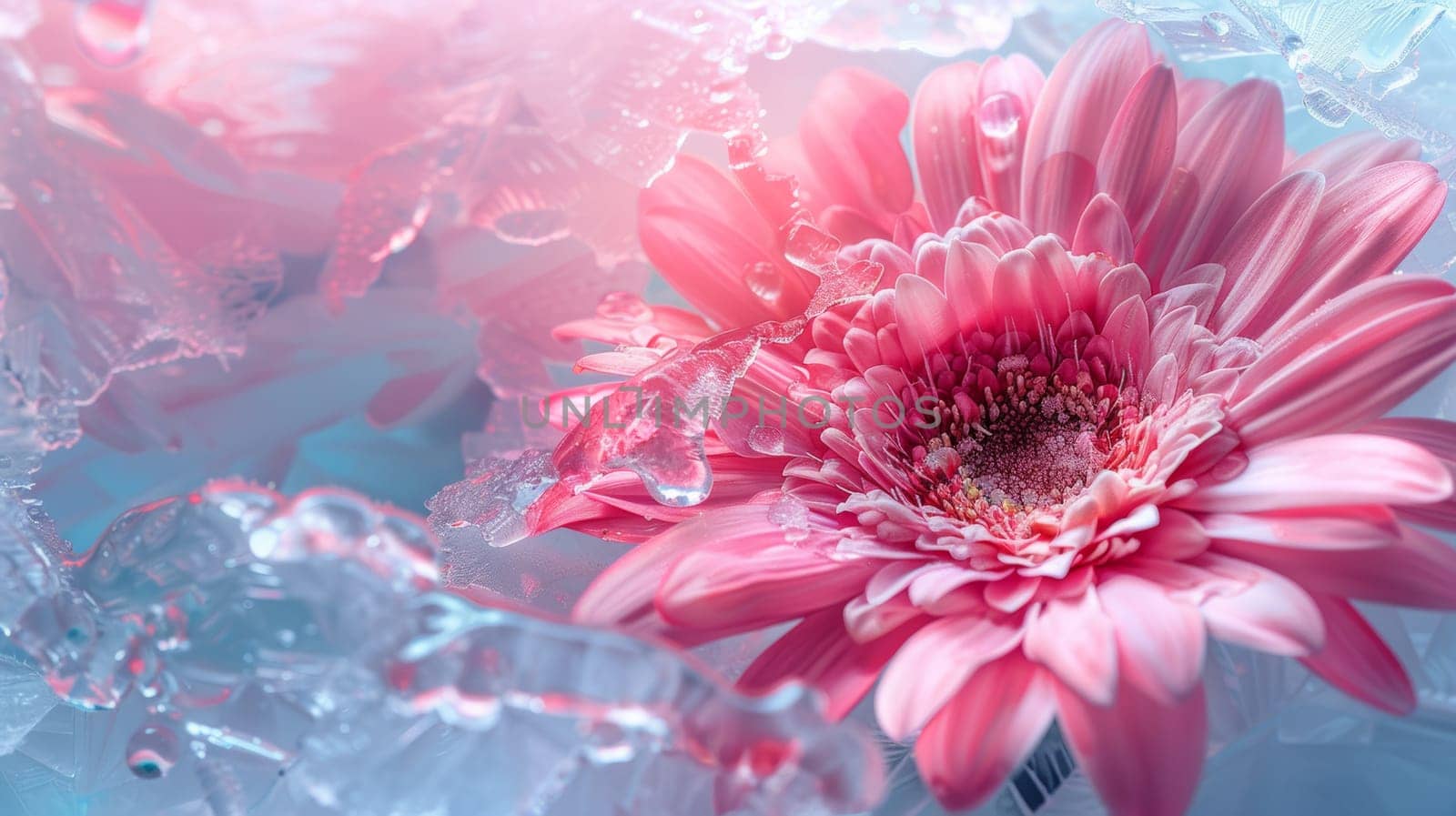 Pink gerbera flower with water droplets and ice crystals.