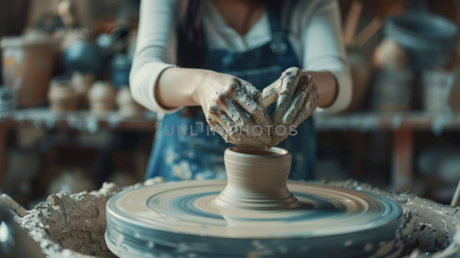 Potter shaping a clay pot on the wheel.