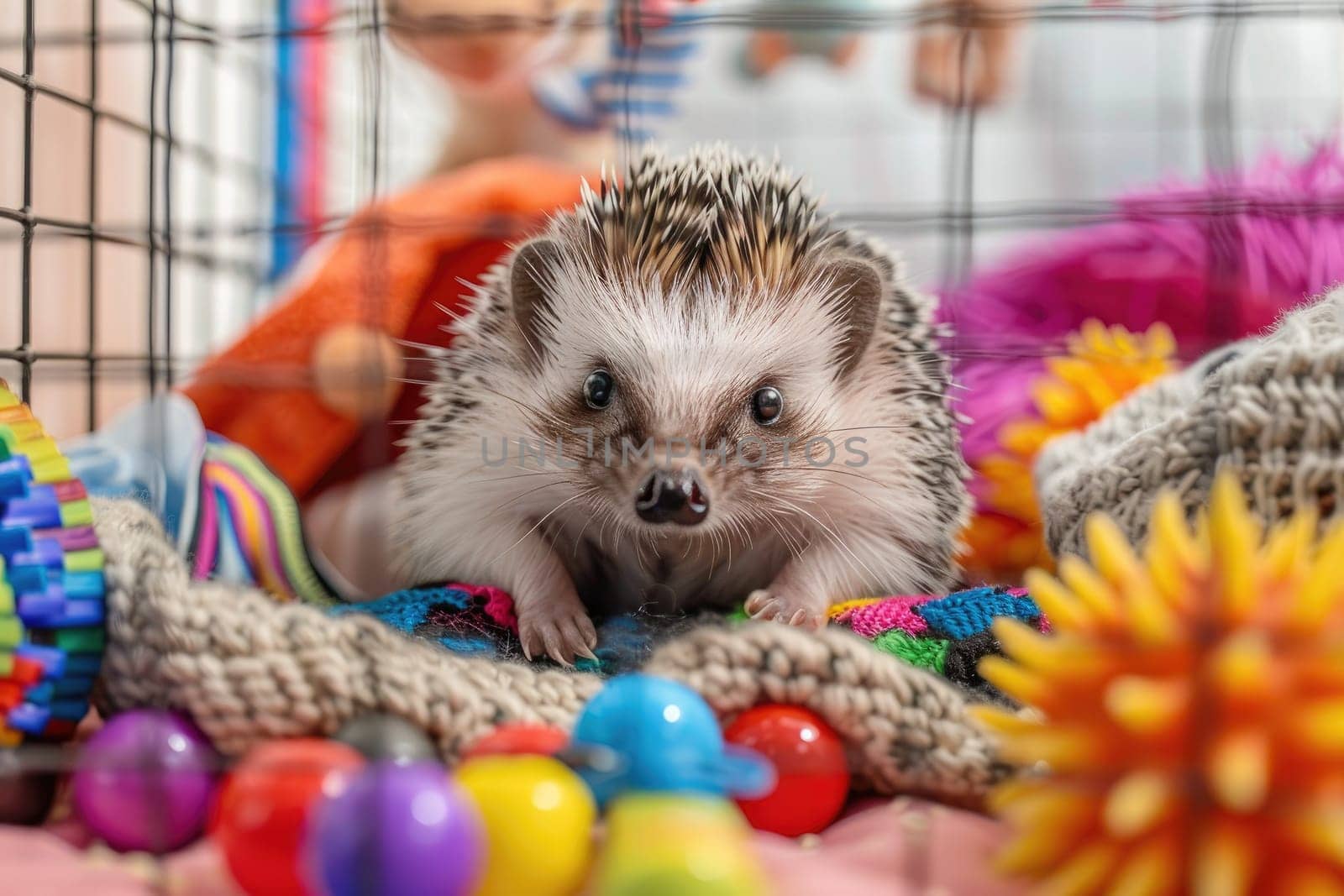A happy hedgehog uncurled and exploring its playpen, filled with colorful toys and