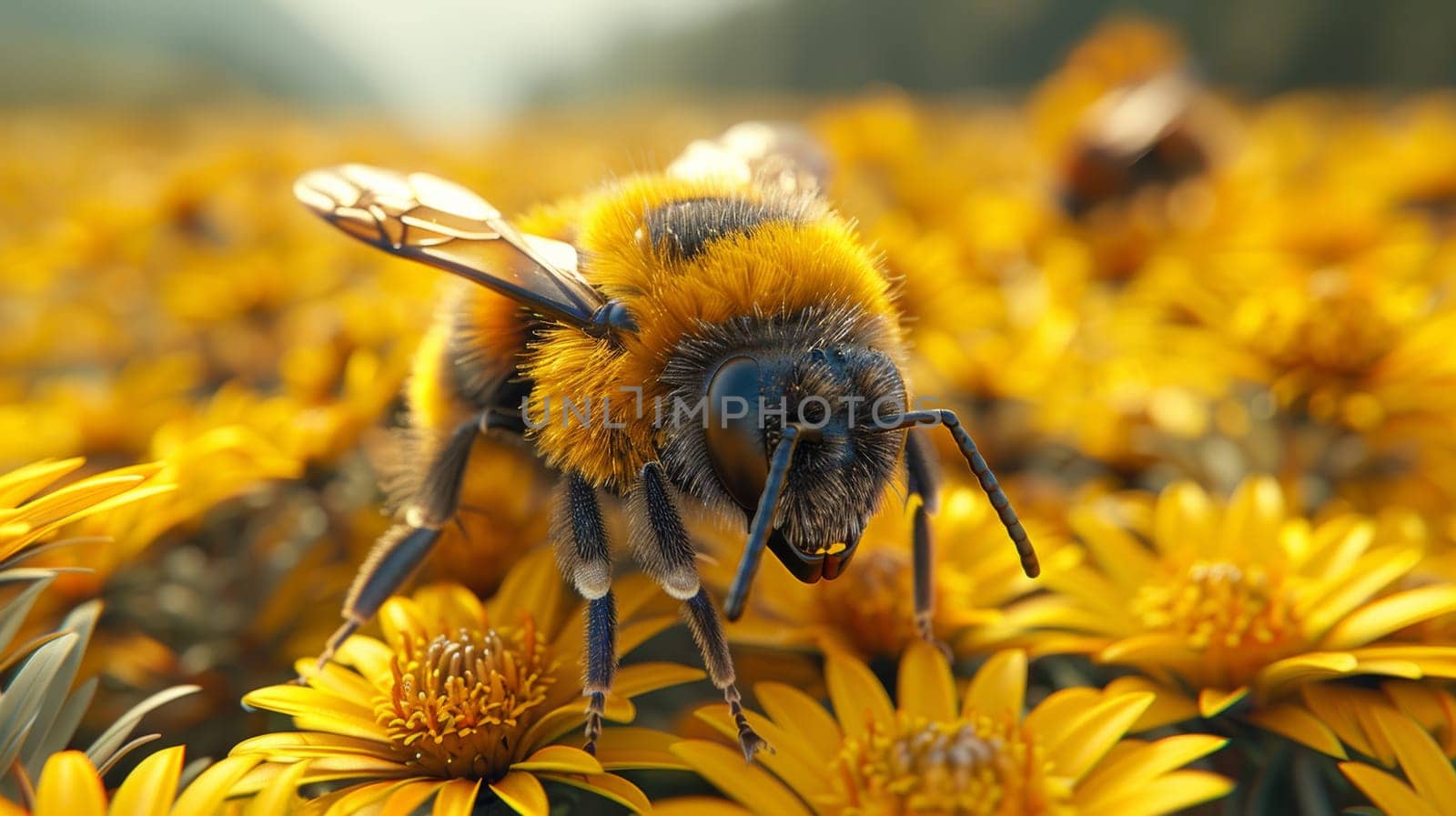 A close-up view of a bee perched on a vibrant flower, extracting nectar from its center using its long proboscis. The bees fuzzy body and intricate wings are clearly visible in the shot.