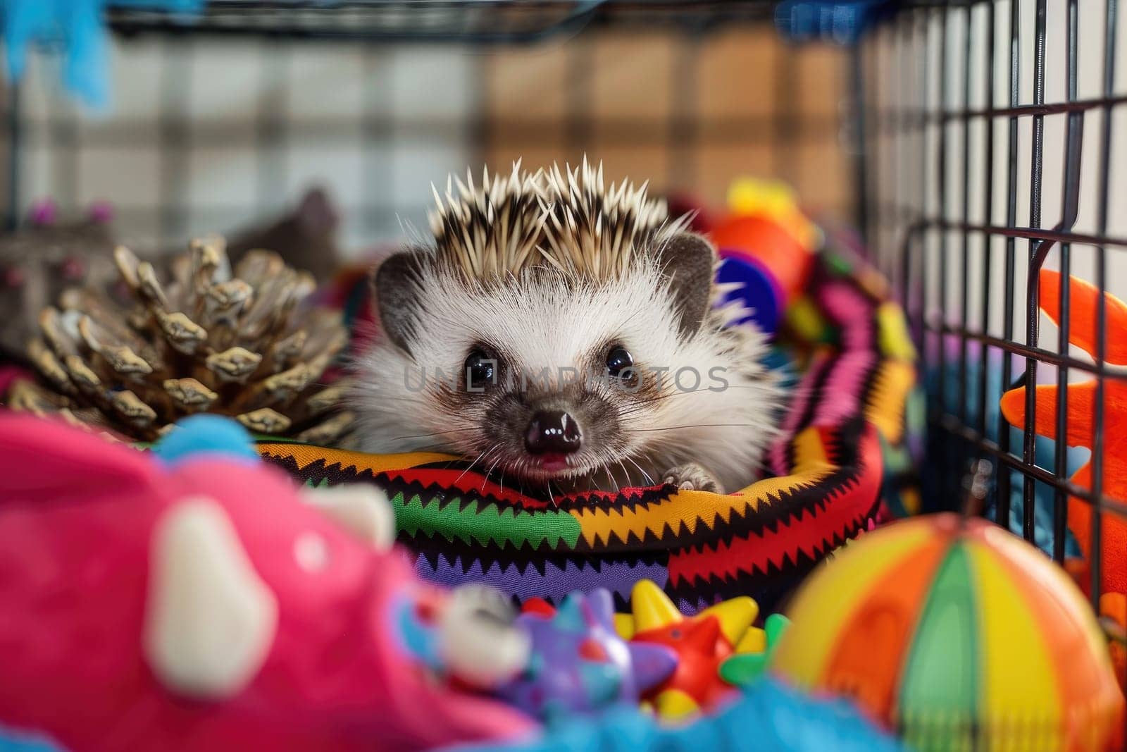 A happy hedgehog uncurled and exploring its playpen, filled with colorful toys and