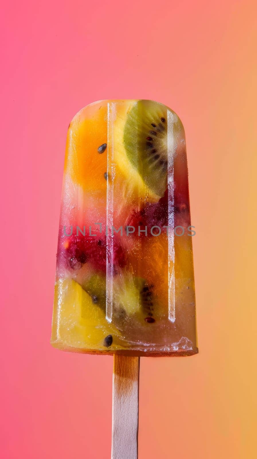 A vibrant popsicle filled with chunks of assorted fruits rests on a colorful background blending shades of pink and yellow. The fruits are visible through the transparent popsicle, creating a mouth-watering display.