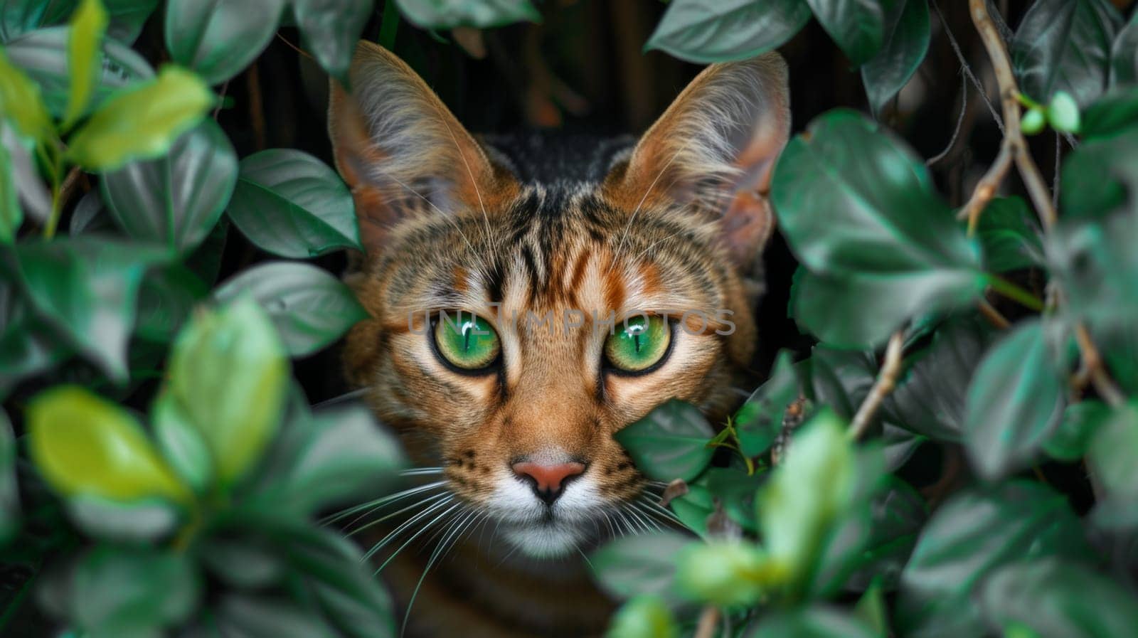 Tabby Cat Hiding Among Green Leaves.