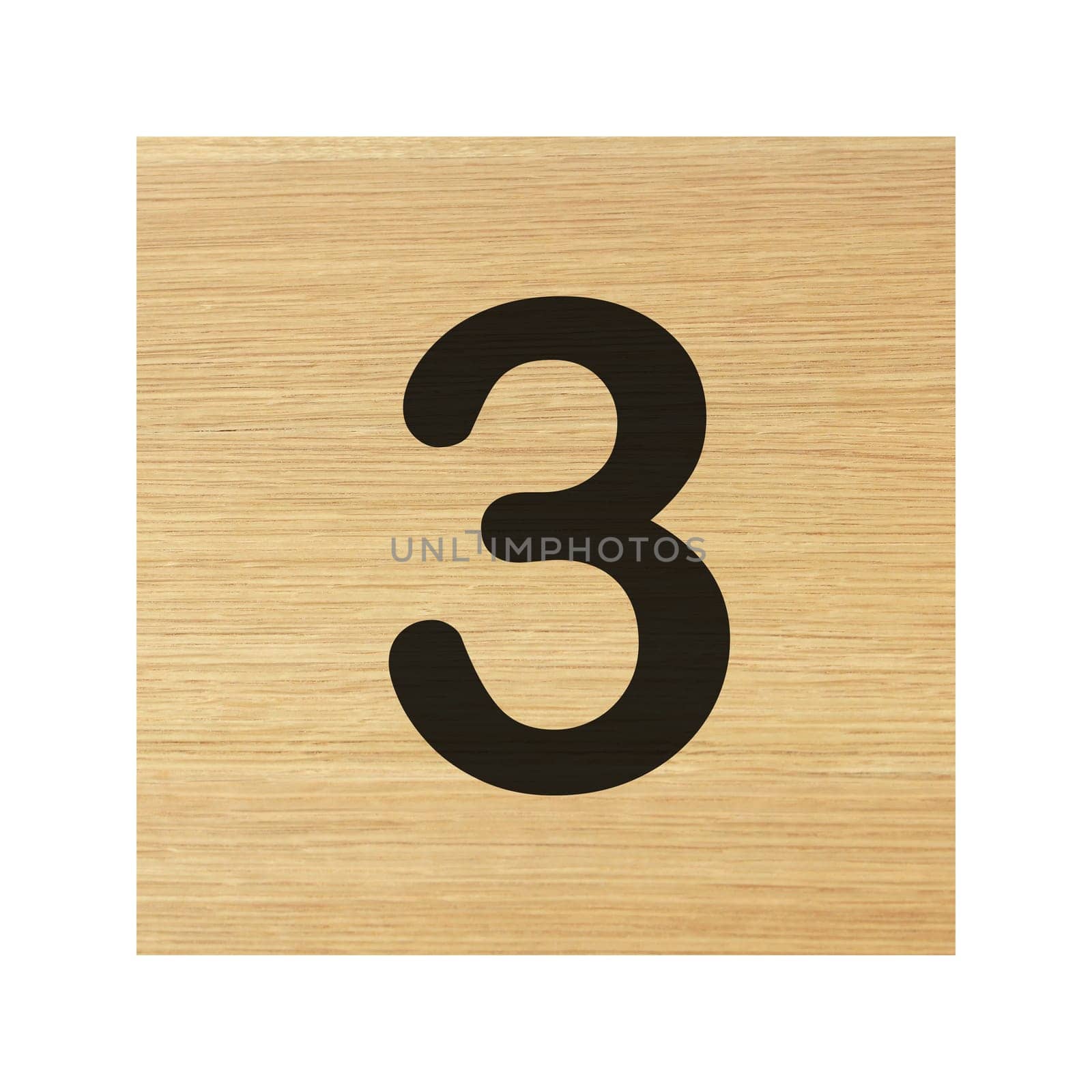 A three 3 wood block on white with clipping path