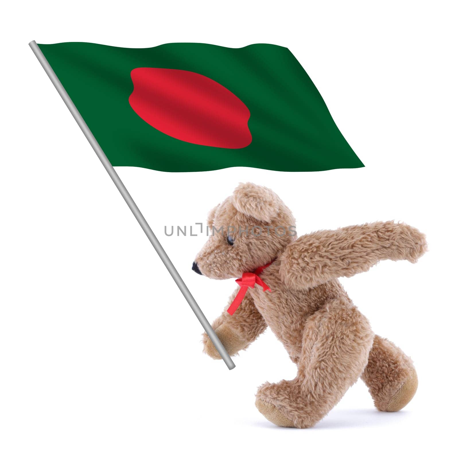 A Bangladesh flag being carried by a cute teddy bear