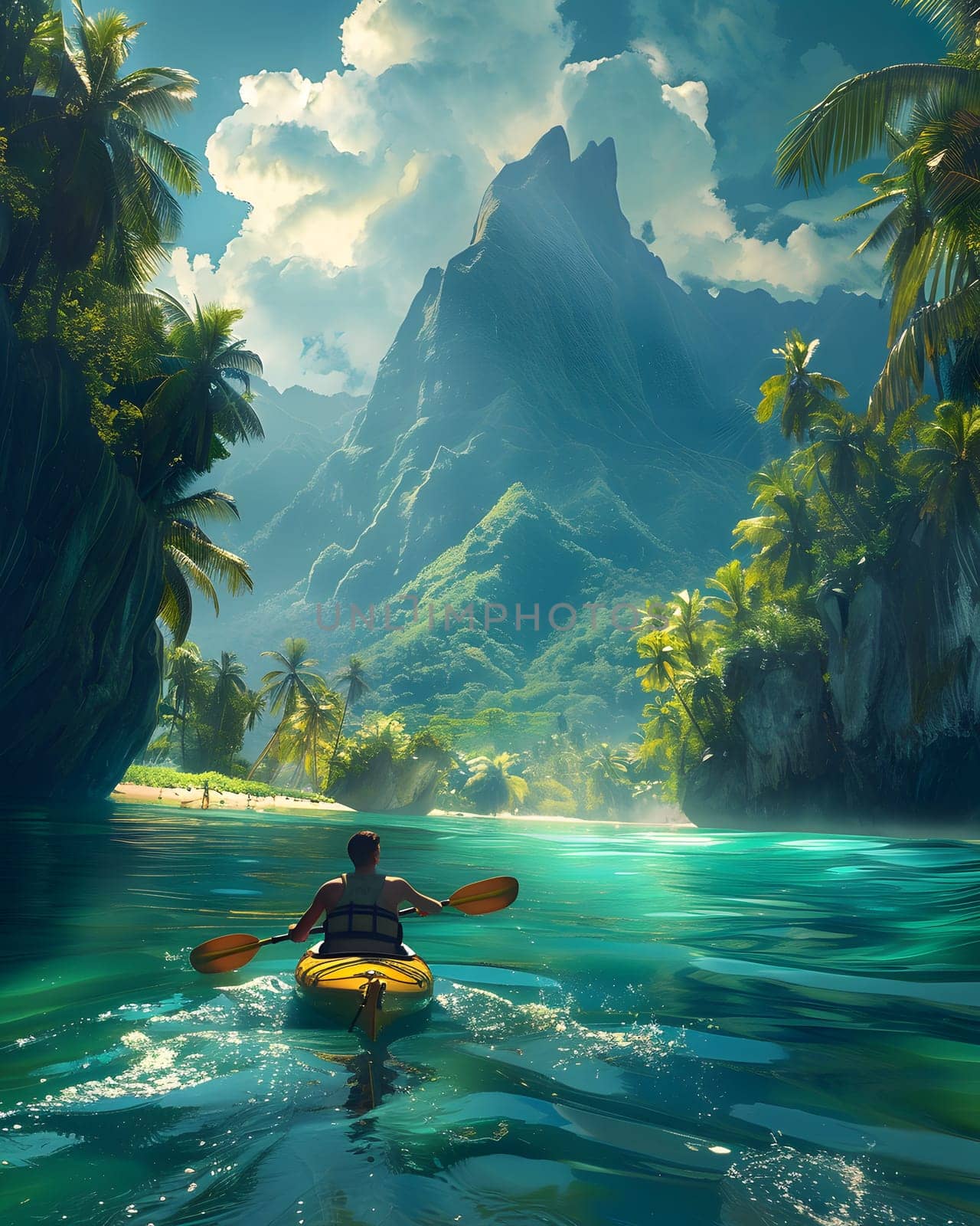 A person is kayaking on a scenic river surrounded by mountains, with a picturesque natural landscape of water and sky in the background