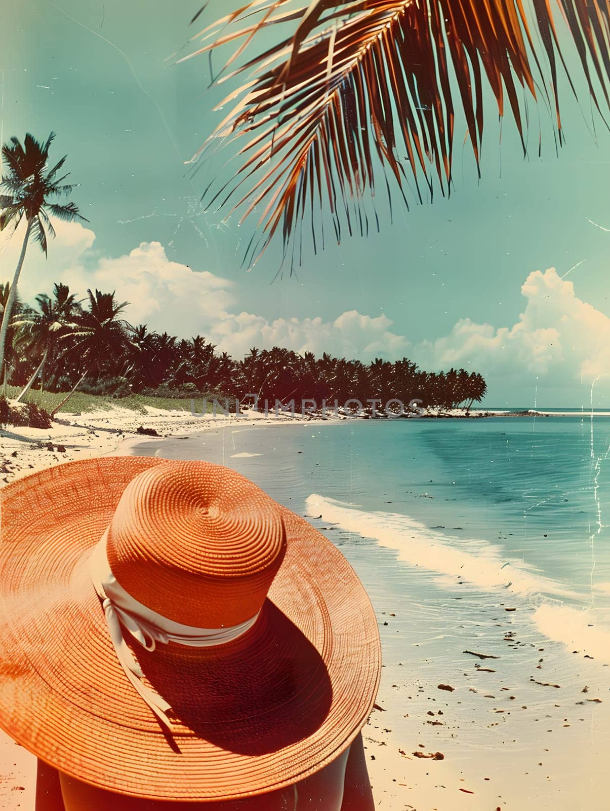 A person with a hat enjoying the azure sky and palm trees on the beach, feeling the warm sand beneath their feet and the gentle ocean breeze