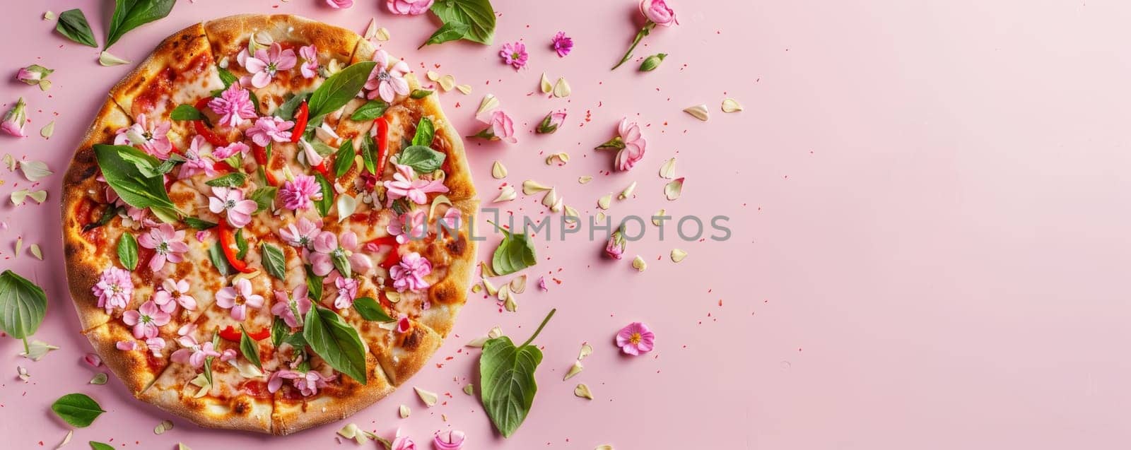 Pizza topped with flowers on pink background.