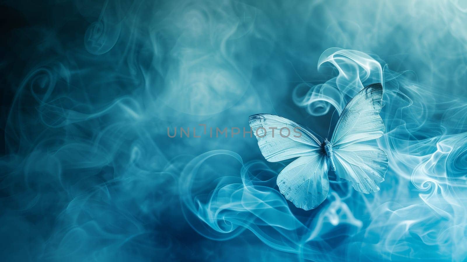 Blue butterfly with abstract smoke swirls.