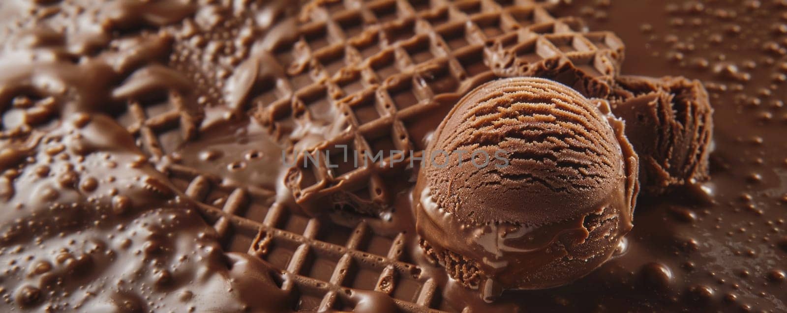 A chocolate ice cream cone is placed on top of a freshly baked waffle, creating a delicious and tempting dessert. The creamy texture of the ice cream contrasts with the crispy waffle, making it a perfect treat for ice cream lovers.