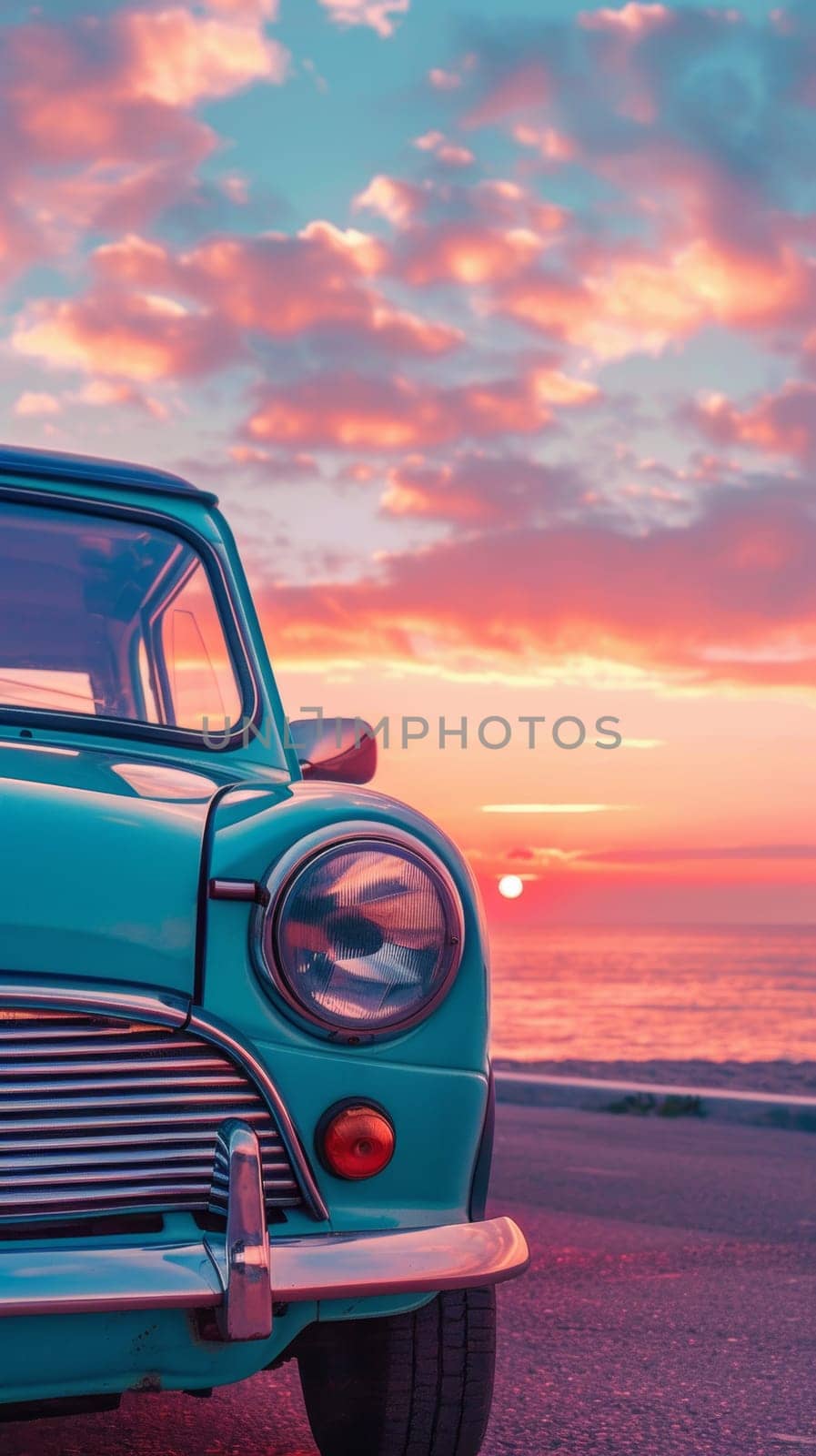 Vintage turquoise car at a sunset beach