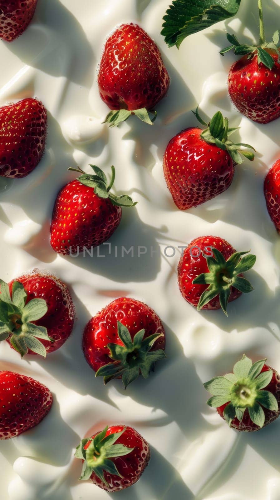 A close-up view of vibrant red strawberries arranged on a clean white surface. The strawberries appear fresh and ripe, with their seeds and green stems visible.