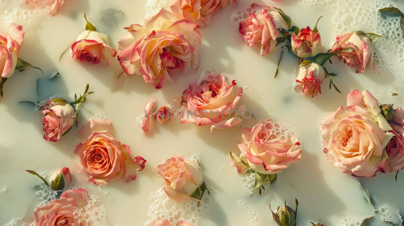 A pink roses float on the surface of milk-infused water.