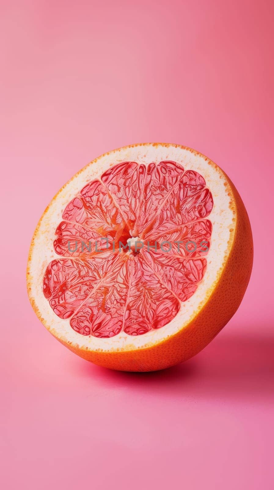 Prompt: A grapefruit, cut cleanly in half to reveal its luscious, pink interior, set against a contrasting backdrop, its vivid color and fresh appeal inviting a closer look --ar 9:16 Job ID: d5e2fff9-58b3-42e7-89aa-debb2da8258a.