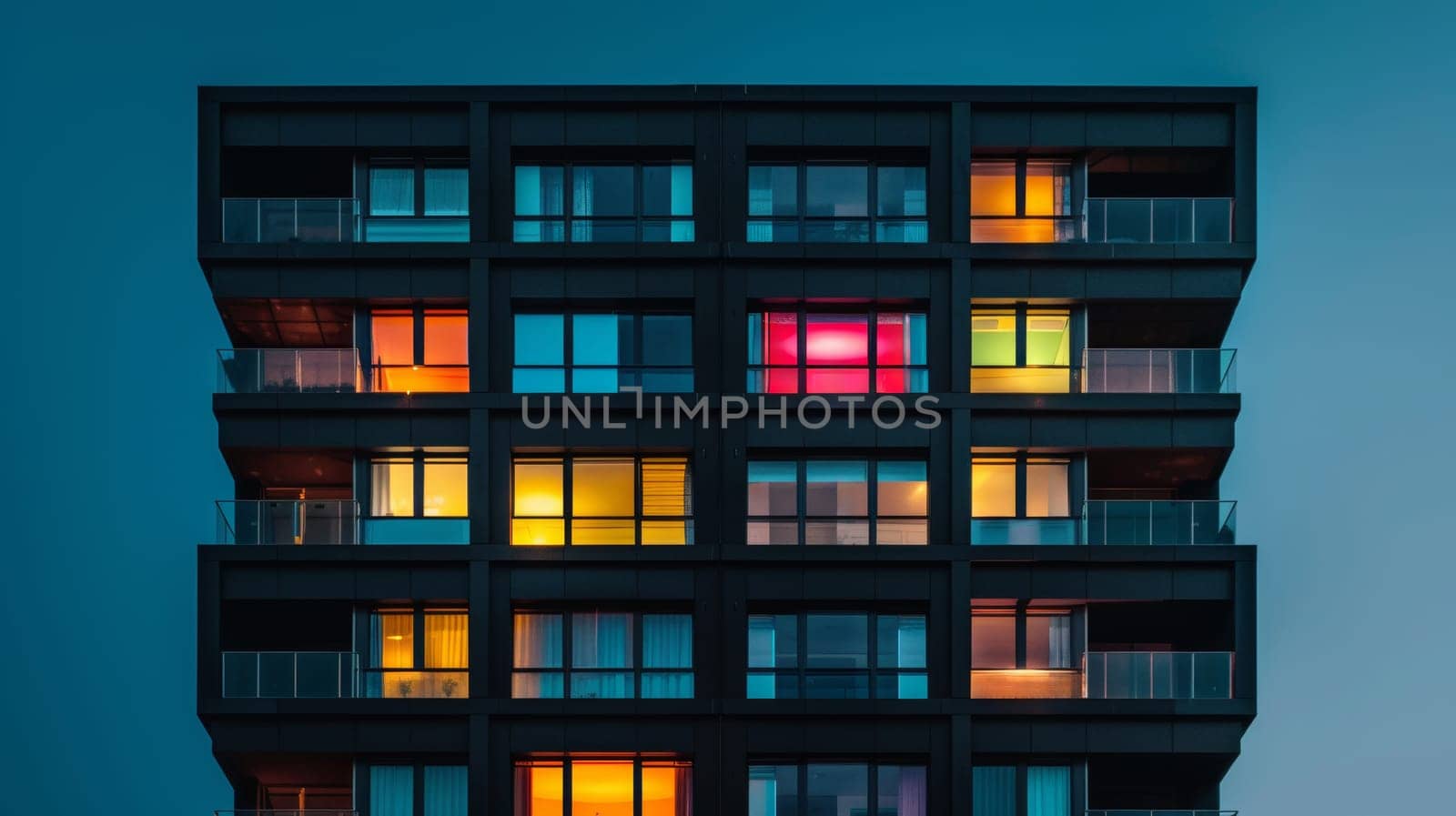Modern apartment building facade at twilight with illuminated windows