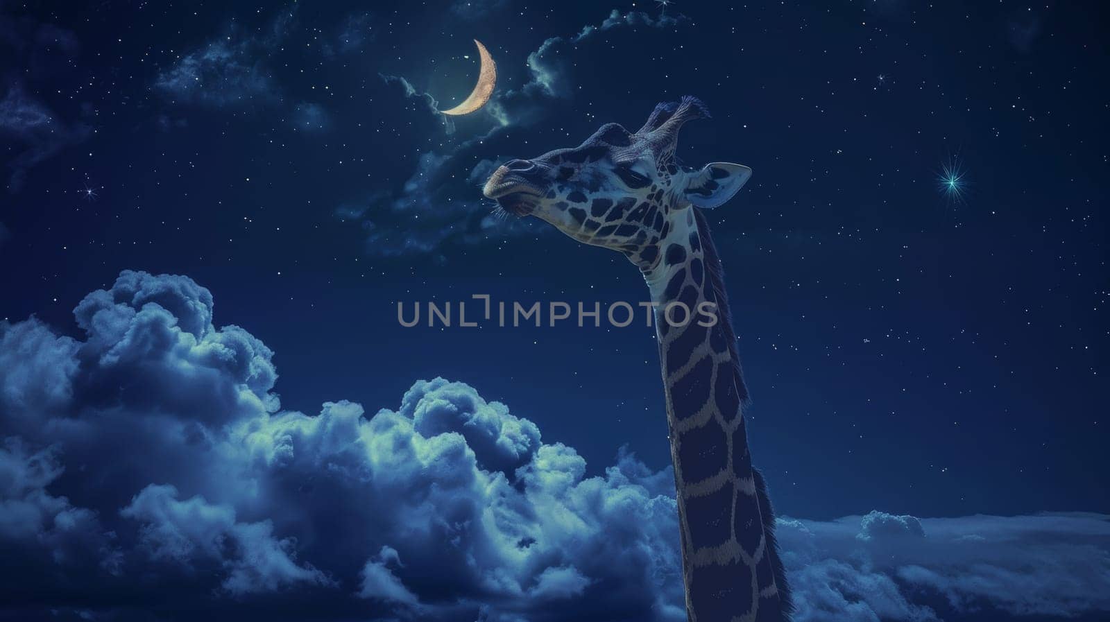 Giraffe reaching for the crescent moon in a starry night sky
