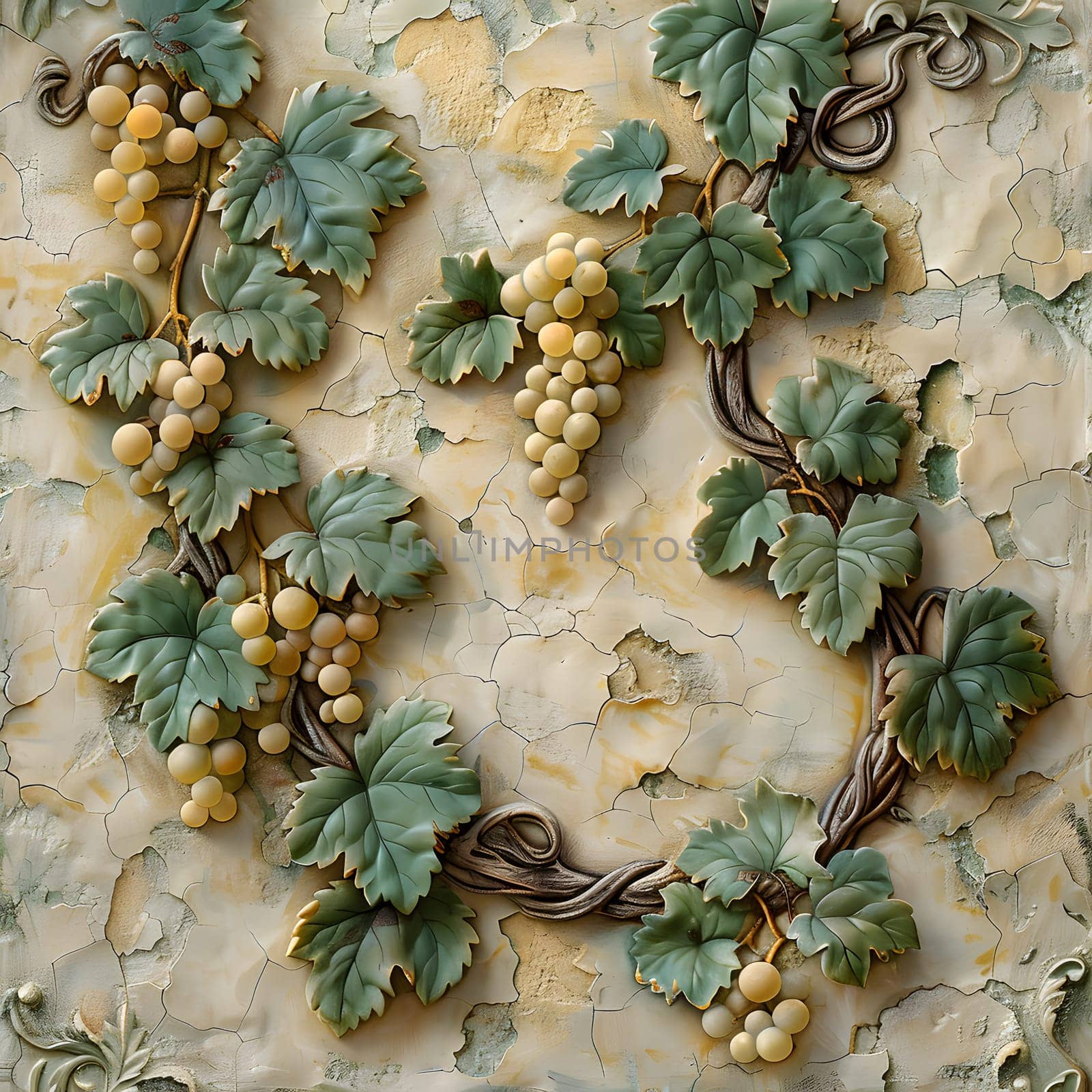 A plantinspired pattern of grapes and leaves beautifully painted on the wall serves as a natural material art piece, resembling a fashionable accessory or serveware design