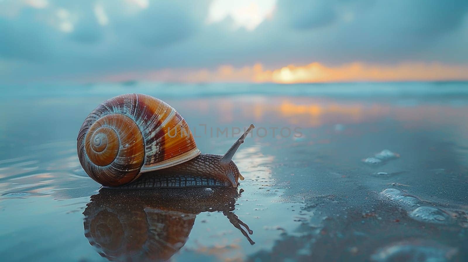 Snail crawling on a wet beach at sunset
