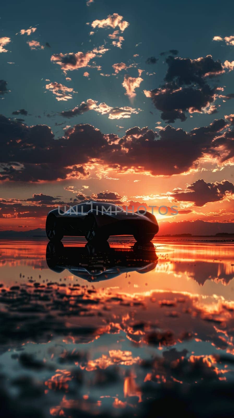 Futuristic car reflecting on water surface at sunset