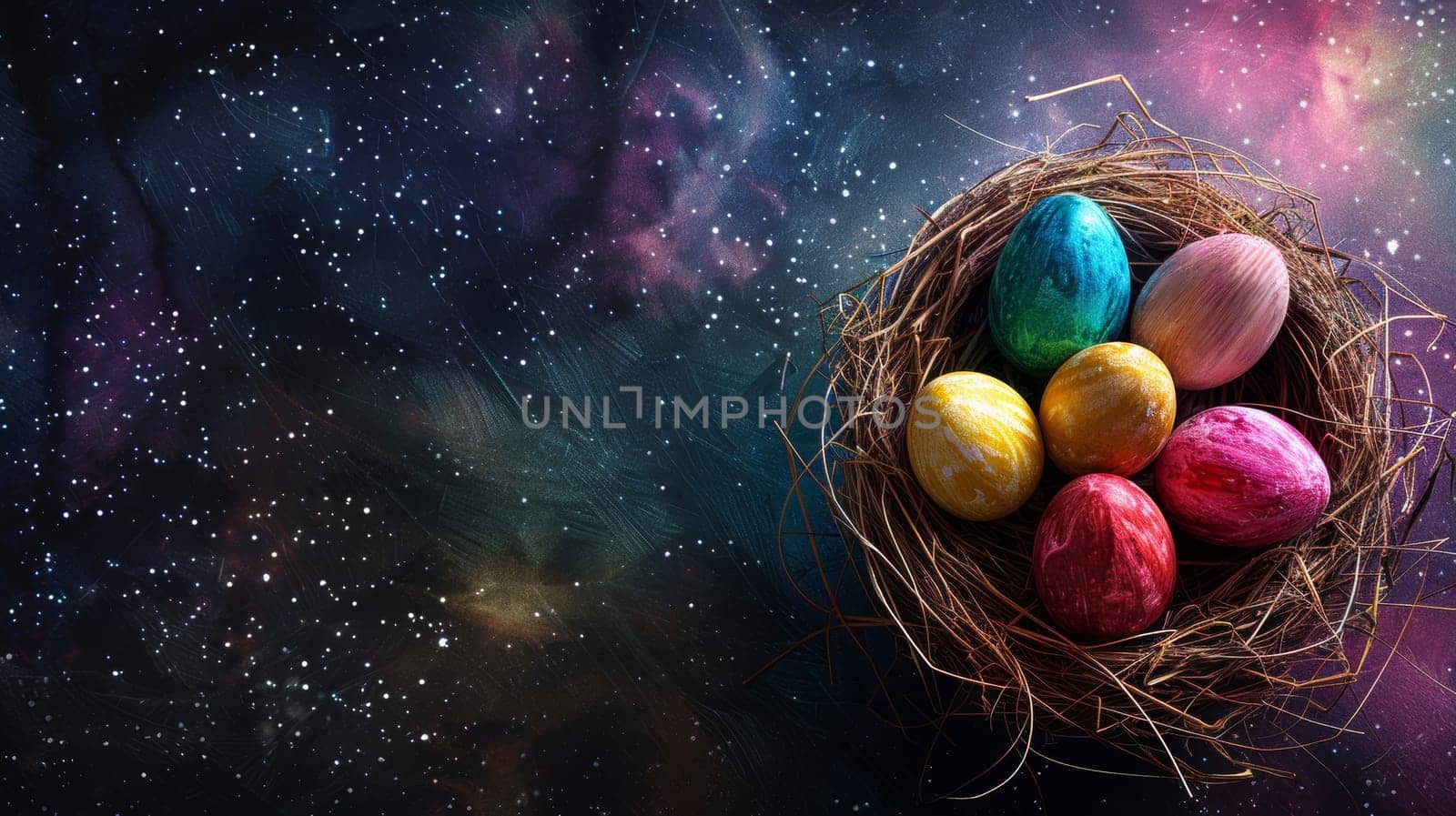 Colorful Easter eggs in a nest with cosmic background.