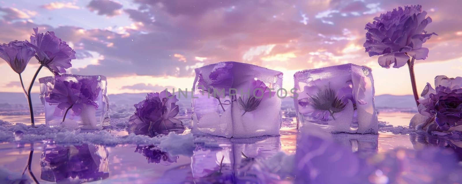 Purple flowers encased in ice at sunset.