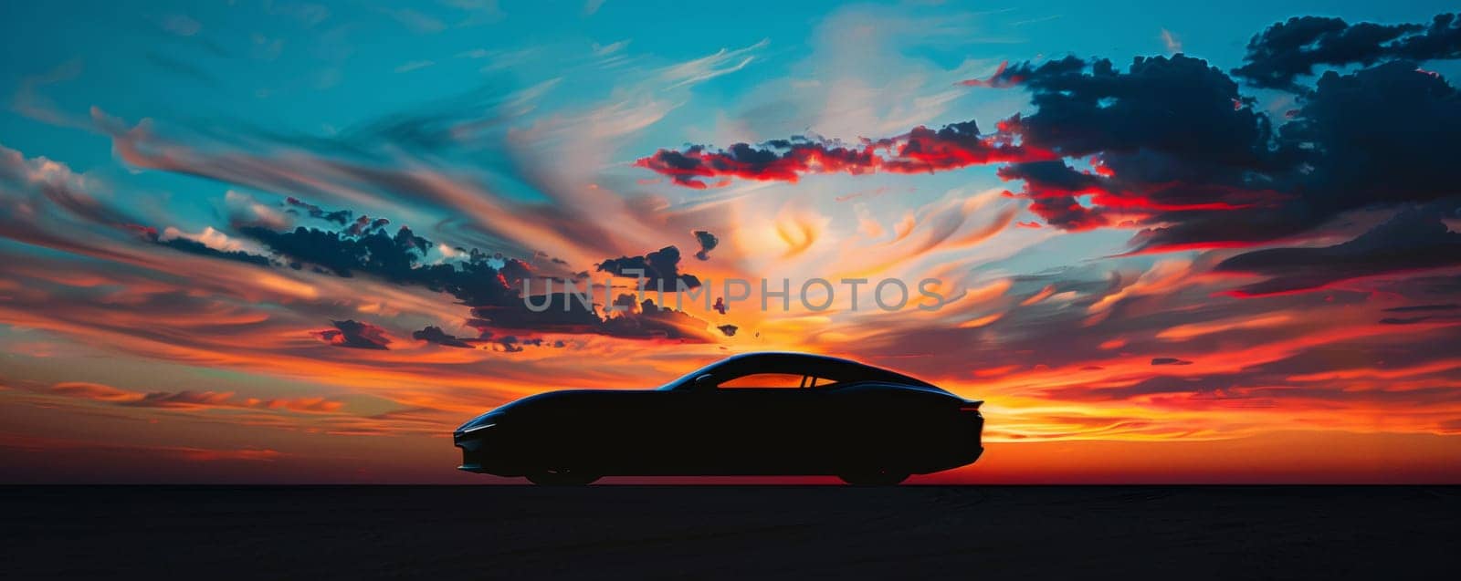 Silhouette of a car against a vibrant sunset sky
