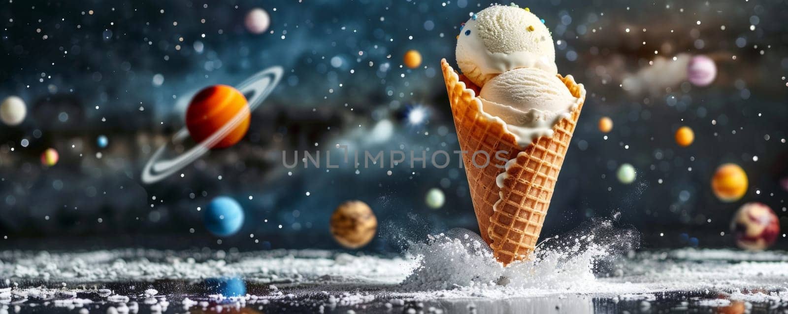 An ice cream cone sitting on a surface with another smaller ice cream cone balanced carefully on top of it. The cones are filled with deliciously swirled ice cream, creating a whimsical and playful dessert.