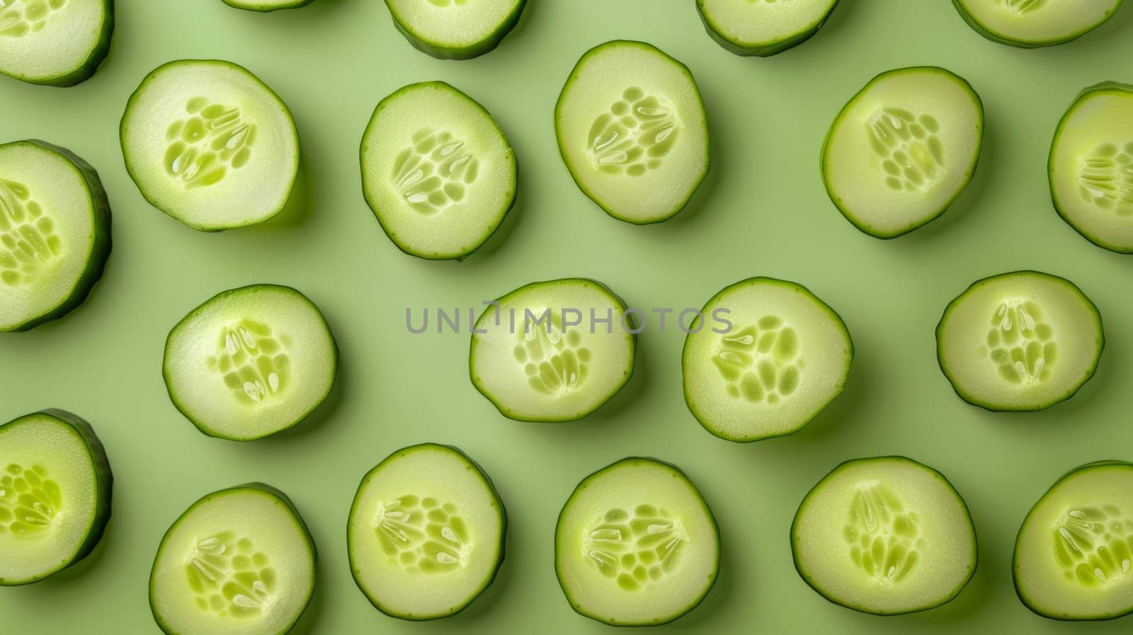 Several cucumber slices are meticulously arranged in a pattern on a vibrant green background. The slices are evenly spaced, creating a visually appealing display of fresh produce.