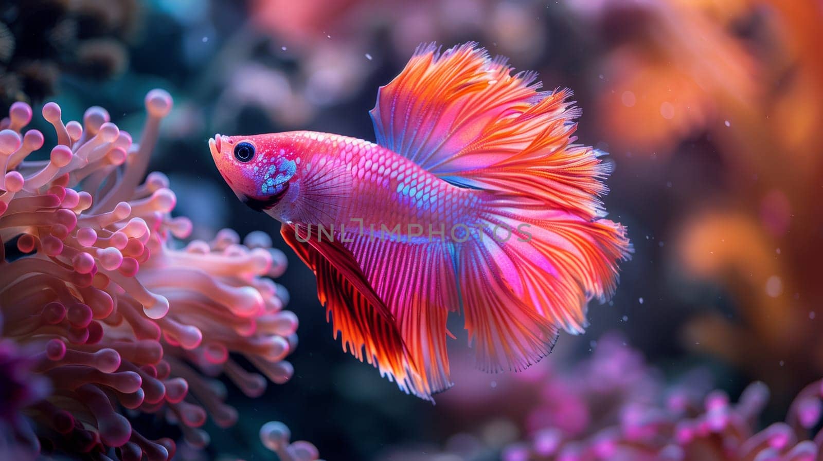 Vibrant Betta fish swimming near coral