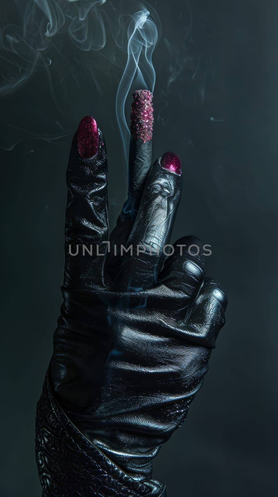 Woman's Hand Wearing Black Leather Gloves Holding Cigarette.