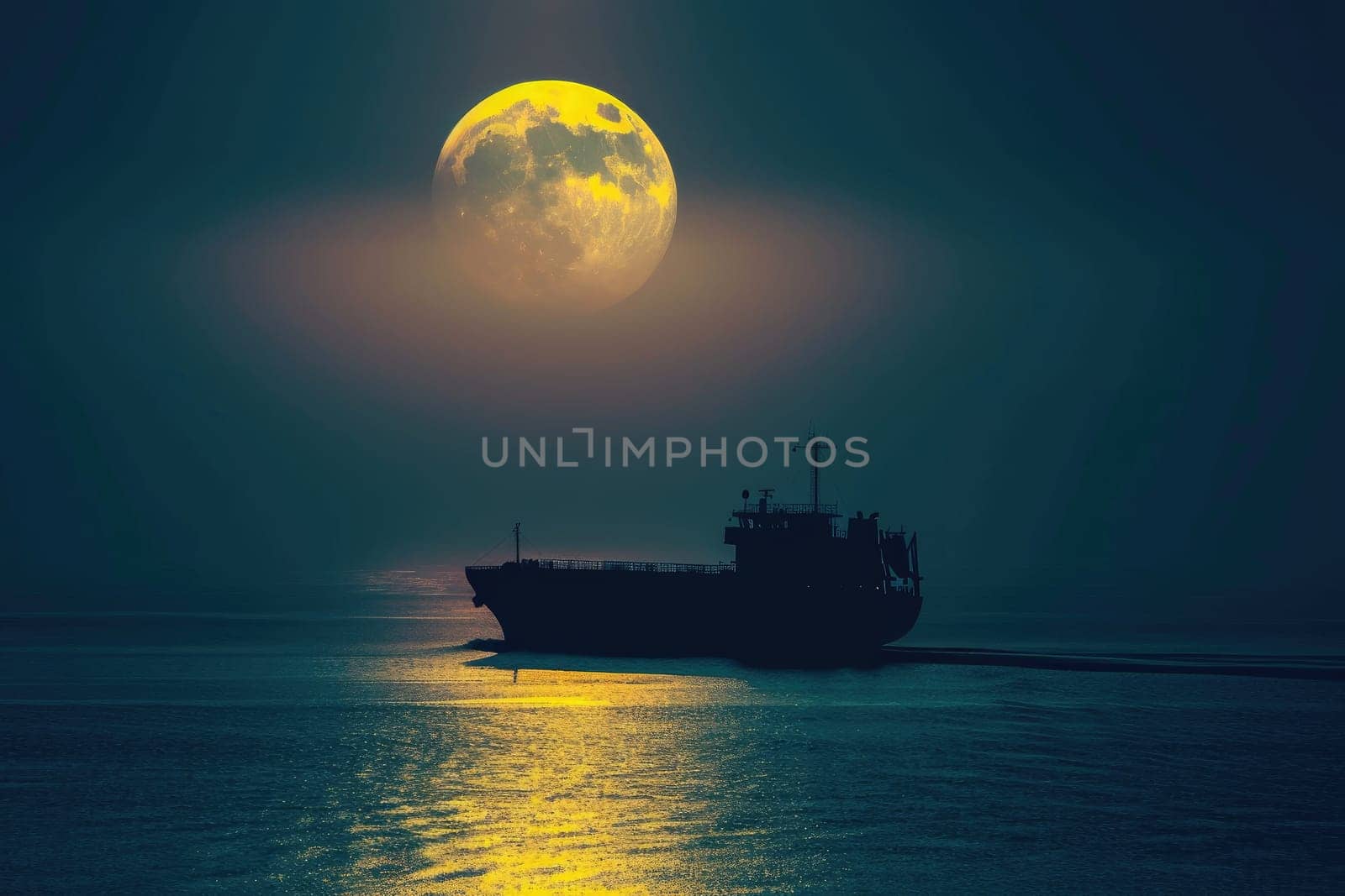 A dramatic silhouette of a cargo ship sailing across a calm ocean under a full moon