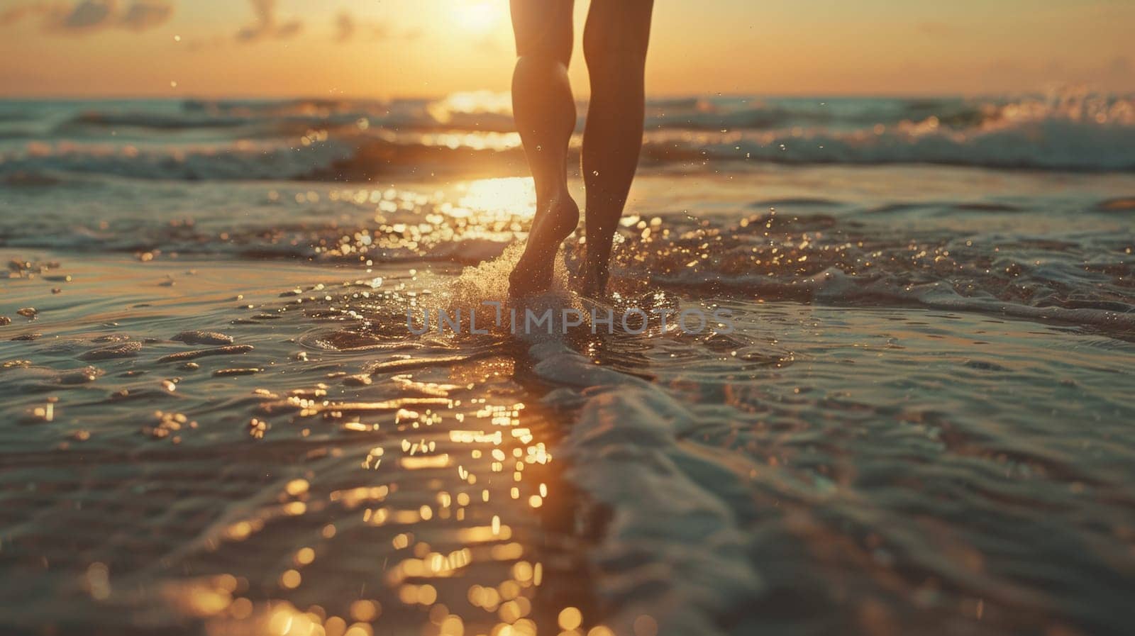 Person walking on the beach at sunset