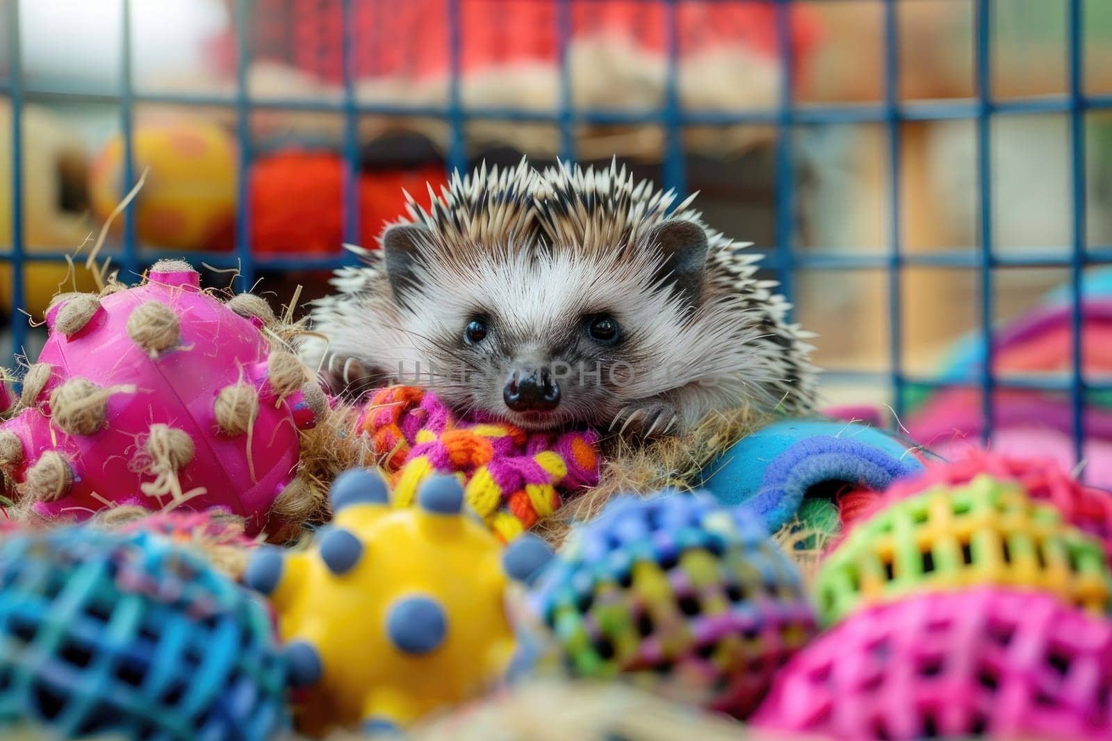 A happy hedgehog uncurled and exploring its playpen, filled with colorful toys and. by Chawagen