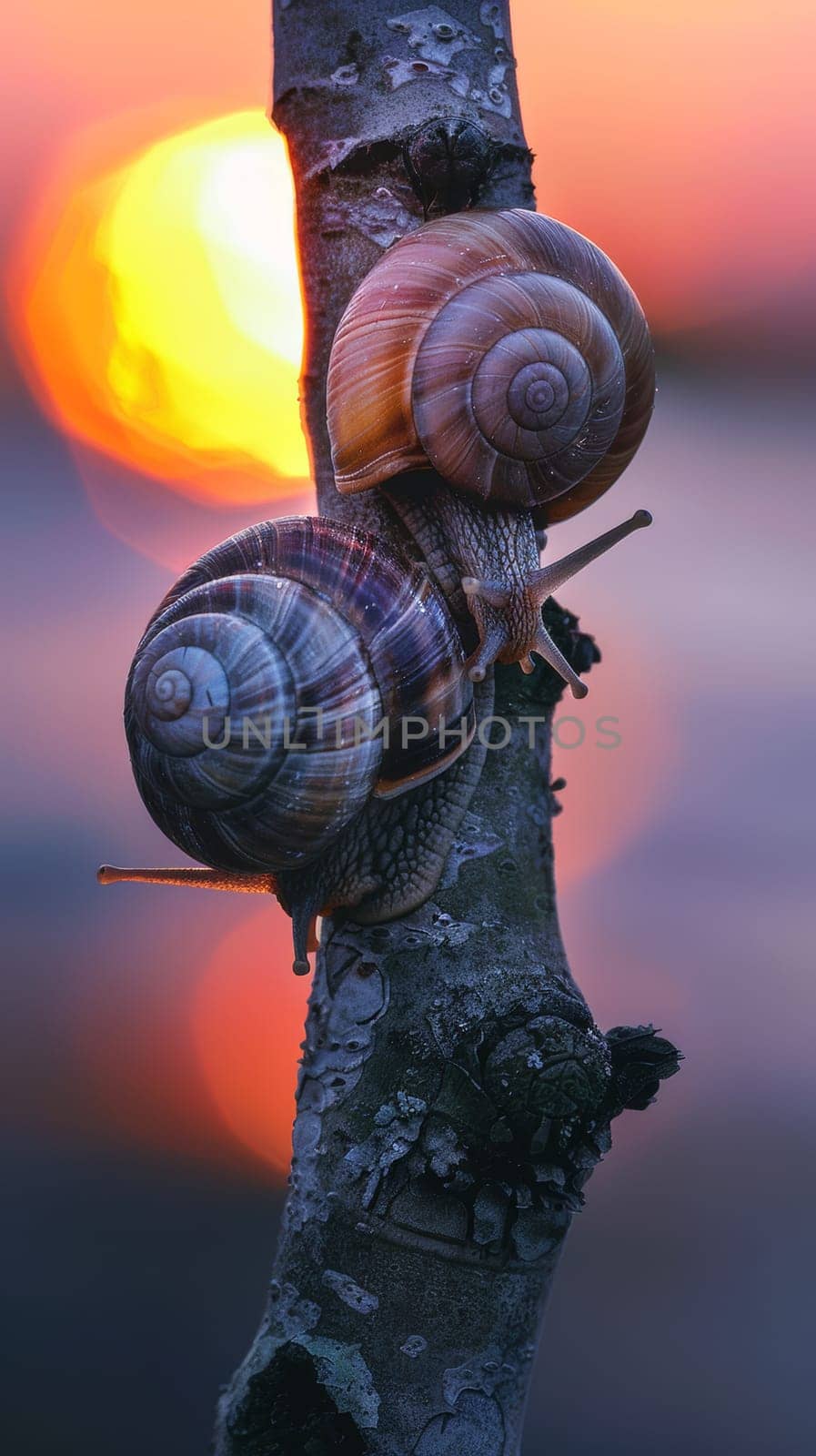 Two snails on a tree branch against a sunset backdrop