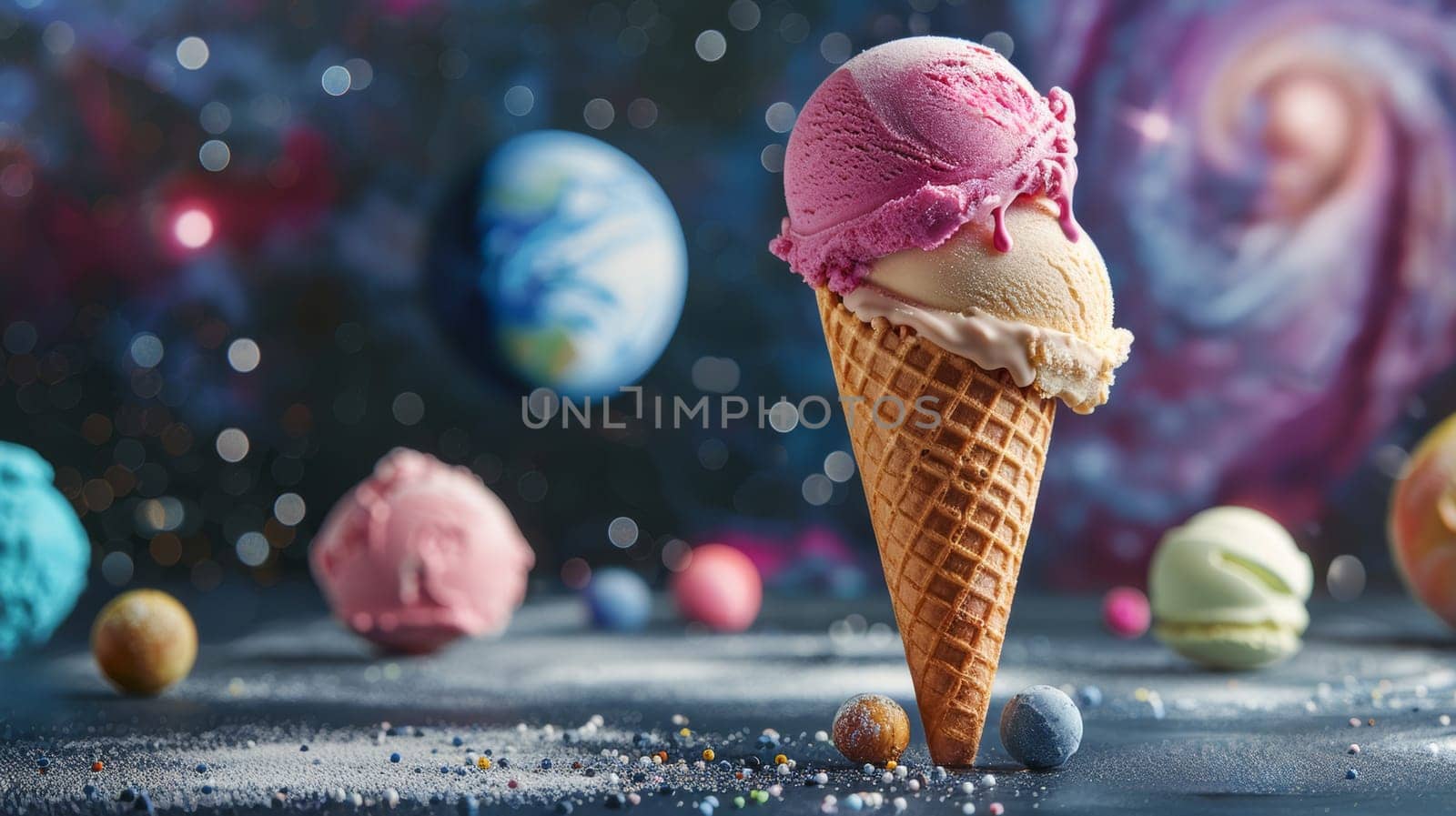 Ice cream cone with cosmic background.