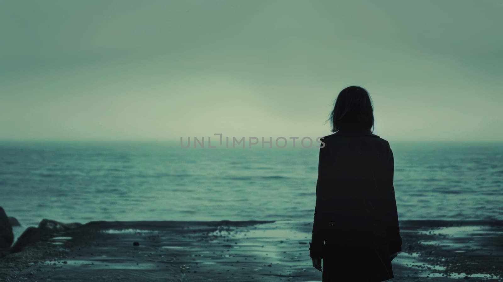 Woman standing alone on a moody ocean shore