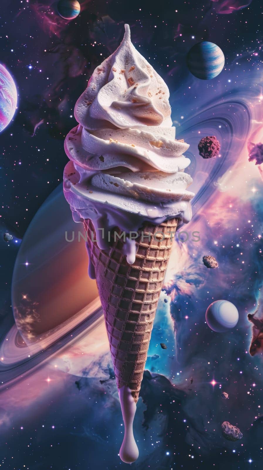 Surreal ice cream cone against a cosmic backdrop.