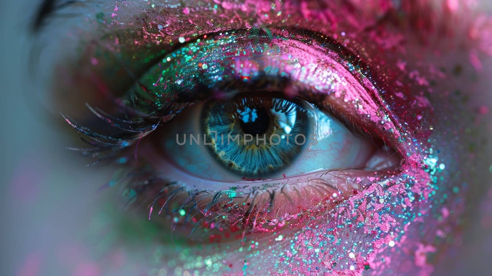 A detailed close up of a human eye with shimmering glitter particles delicately applied on the eyelid and lashes. The eye color and details are prominent, enhancing the sparkle of the glitter.