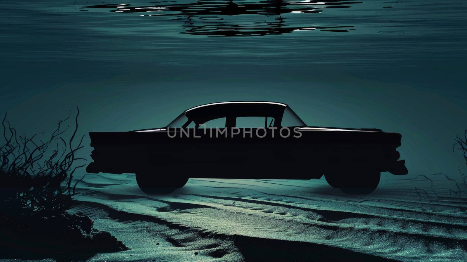 Vintage car silhouette floating above seabed under moonlight