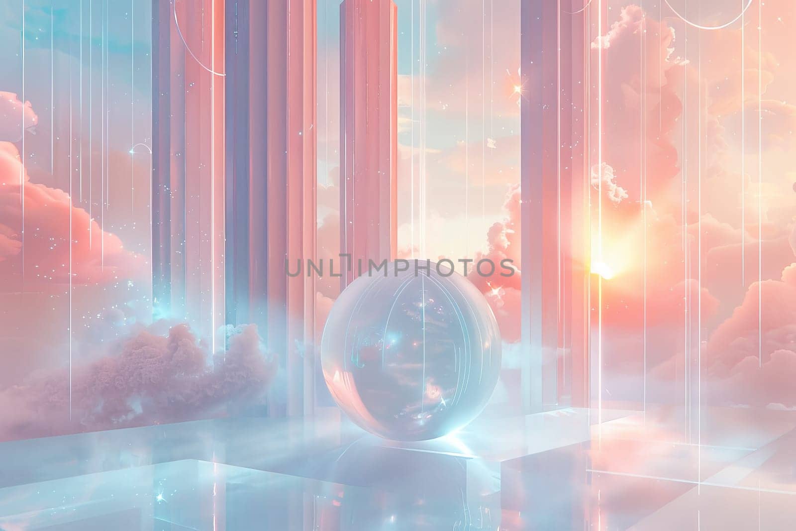 A large sphere is floating in a room with a pink and blue sky. The sphere is surrounded by pillars and is the center of attention. The room is filled with light and the atmosphere is serene