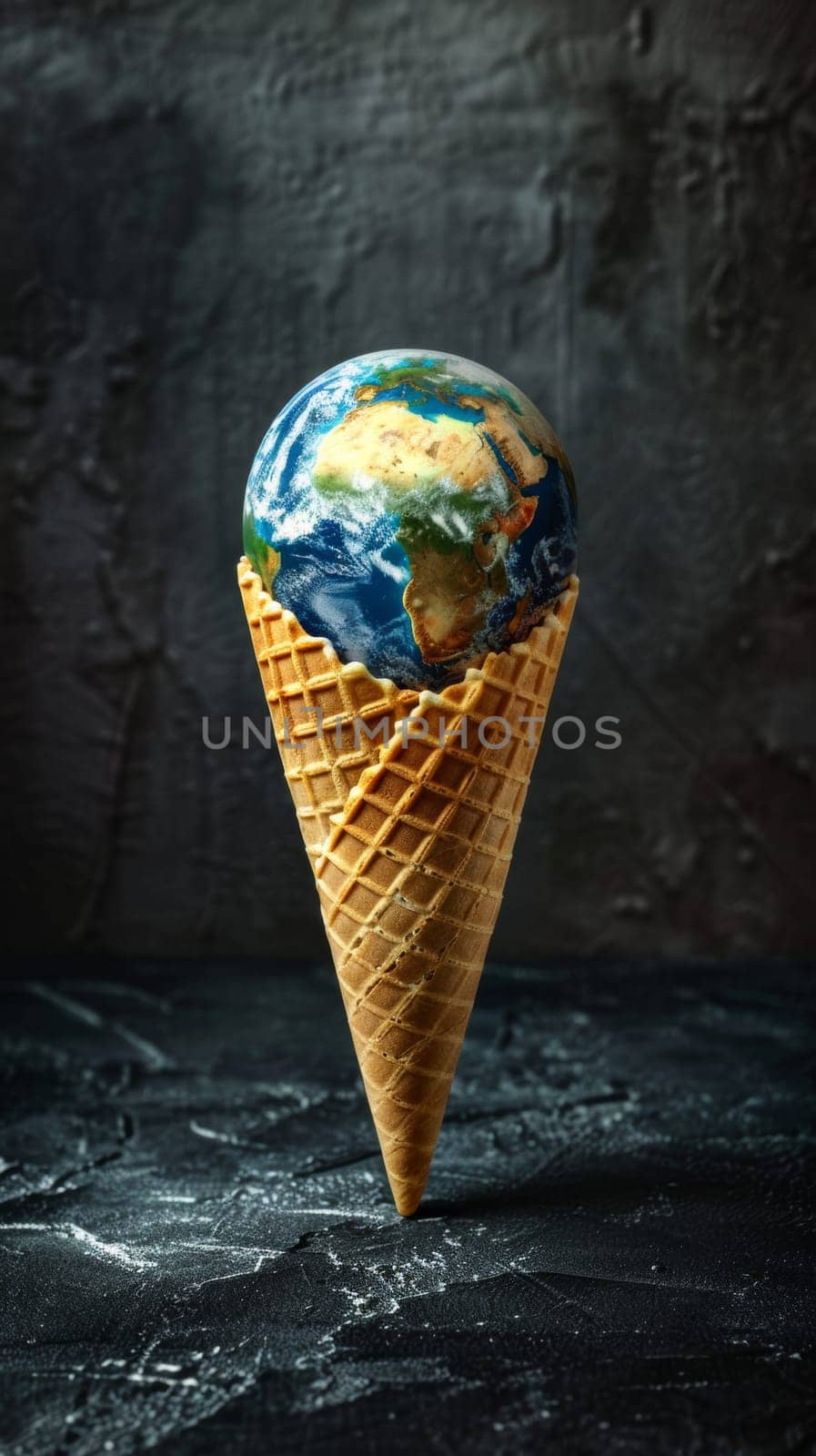 An ice cream cone holding the Earth, showcasing the swirling blues and greens of our planet encased in a sweet treat.