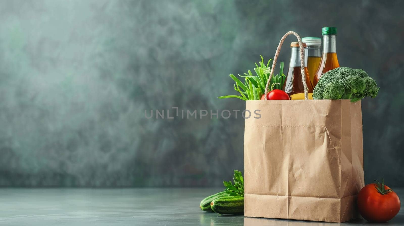 A bag of groceries with a variety of vegetables and a bottle of juice. The bag is brown and the vegetables are fresh and colorful