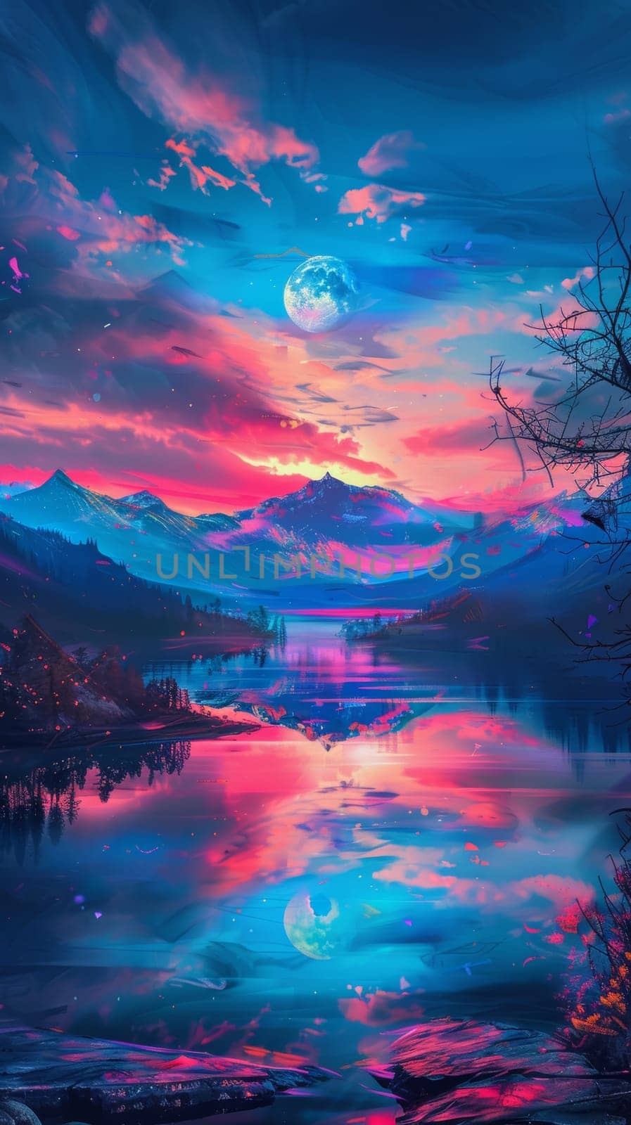 The sun is setting over a serene lake, casting a warm glow across the water. The sky is ablaze with hues of orange, pink, and purple, reflecting off the calm lake surface.