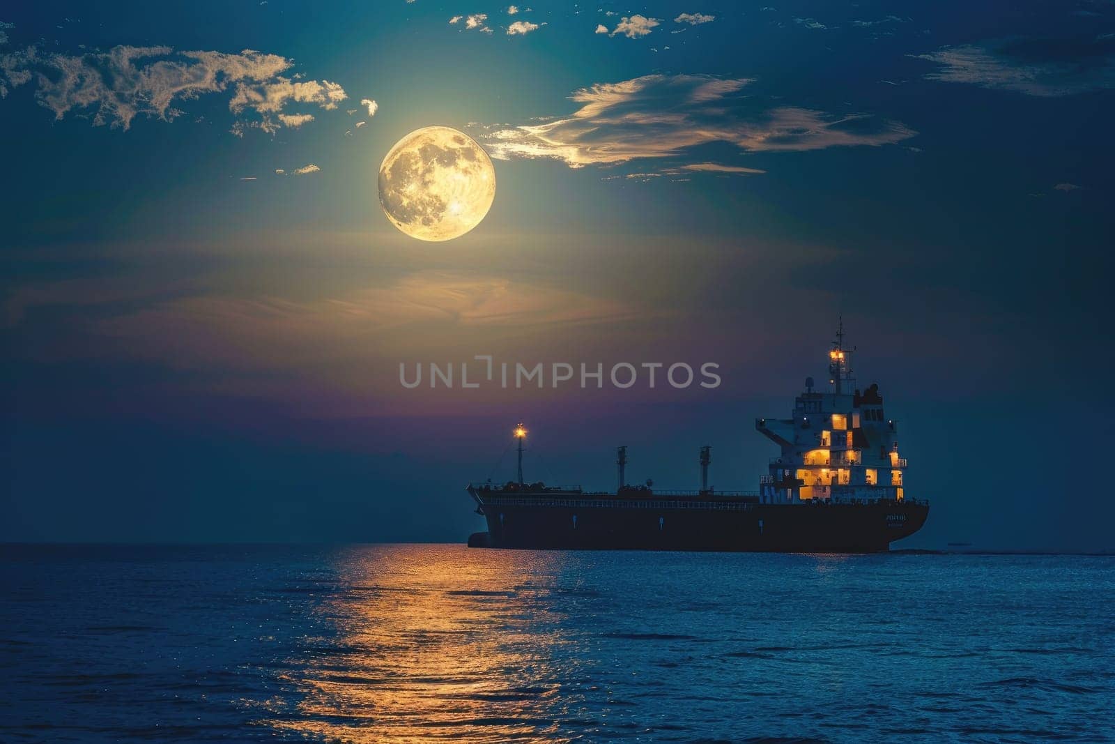 A dramatic silhouette of a cargo ship sailing across a calm ocean under a full moon